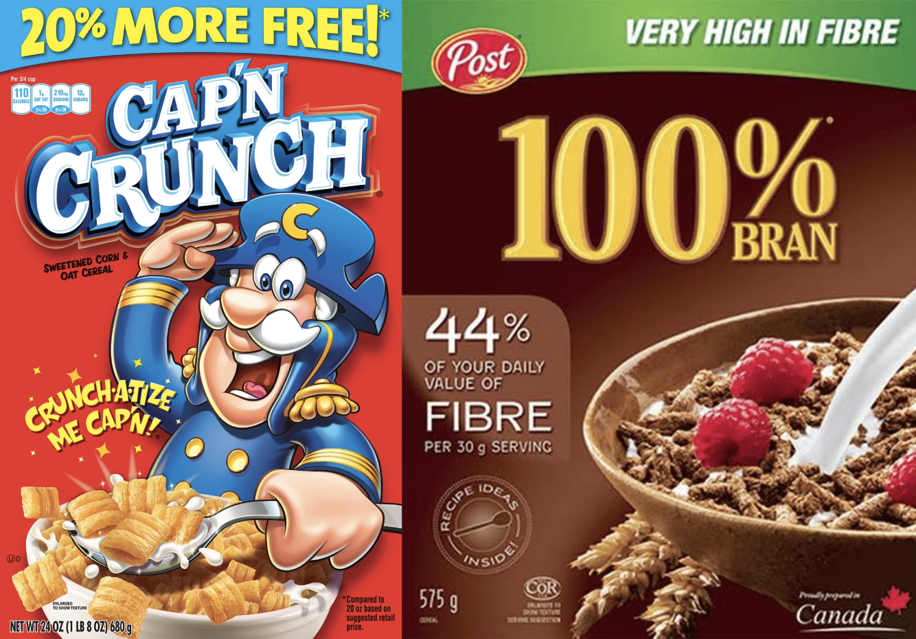 Cap'n Crunch and Post 100% Bran packaging
